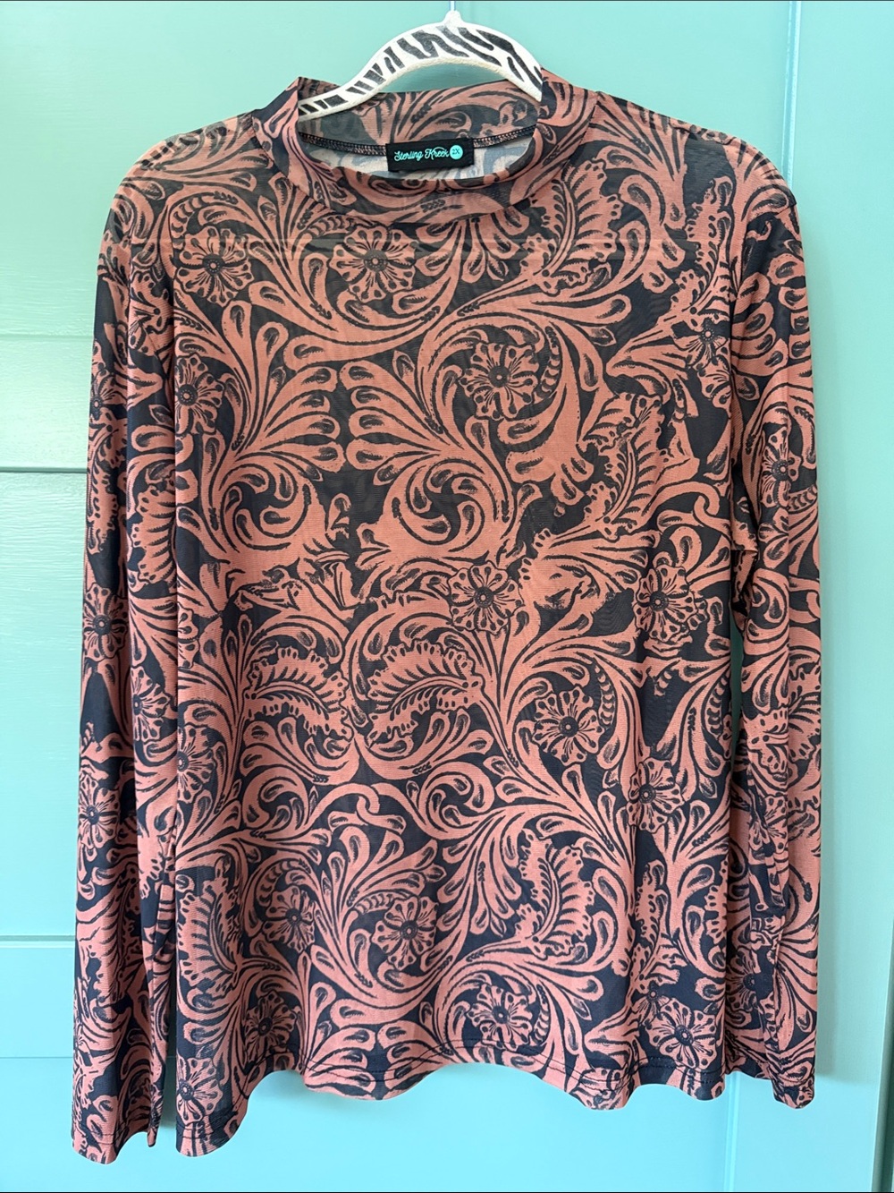 Knit mesh brown and Black Scroll Print Long Sleeve Top